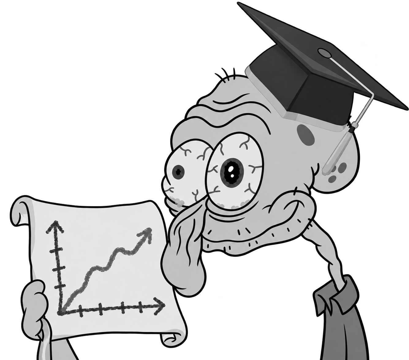 Squidward wearing a graduation cap and holding a chart with a rising curve.
